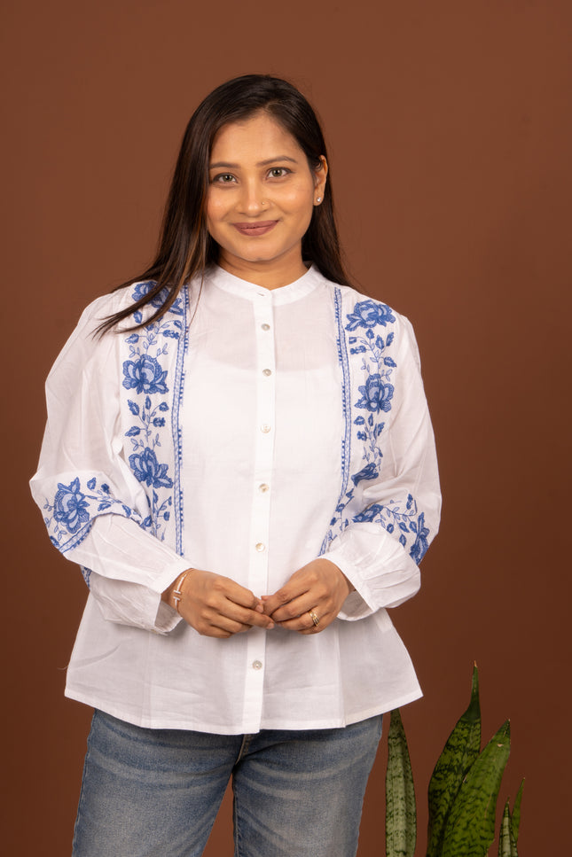 Blue Embroidered White Mandarin Collar Shirt