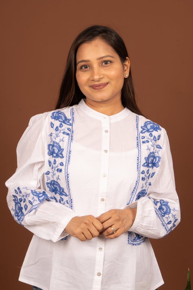 Blue Embroidered White Mandarin Collar Shirt