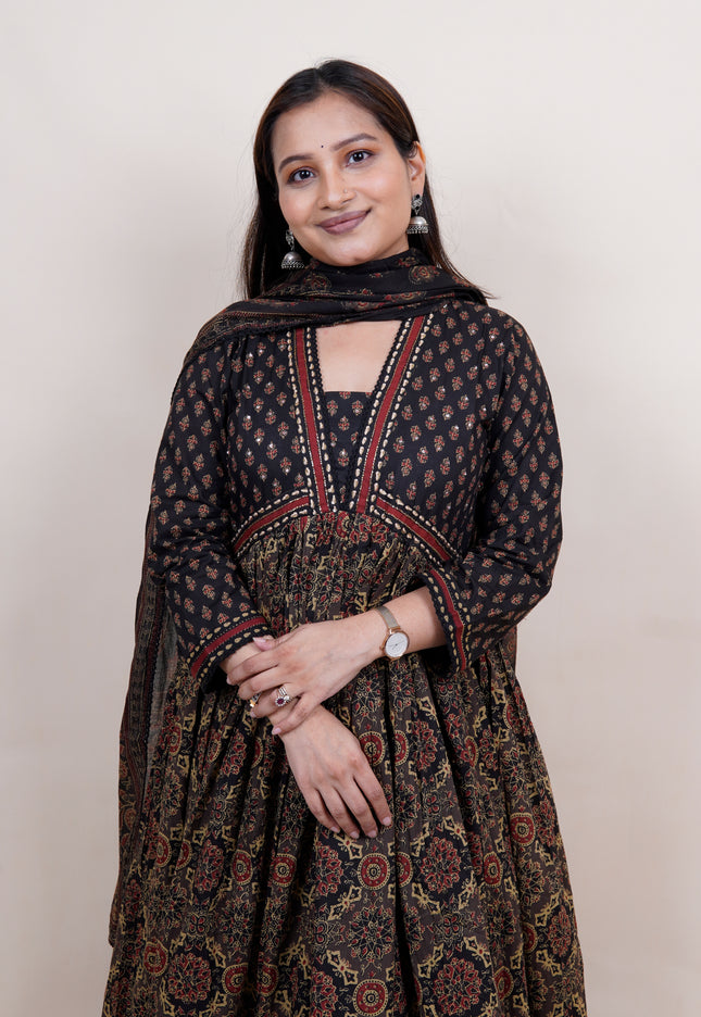 Black Ajrak Print Cotton 3 Piece Suit