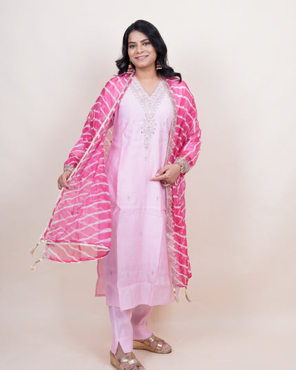 Pink V Neck Dress With Lehriya Dupatta