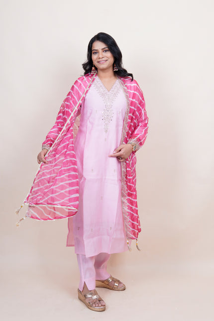 Pink V Neck Dress With Lehriya Dupatta