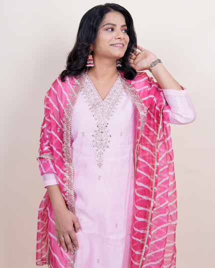 Pink V Neck Dress With Lehriya Dupatta