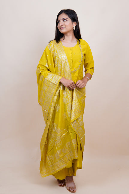 Mustard Green Anarkali 3 Piece Suit