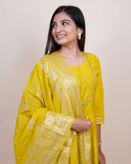 Mustard Green Anarkali 3 Piece Suit