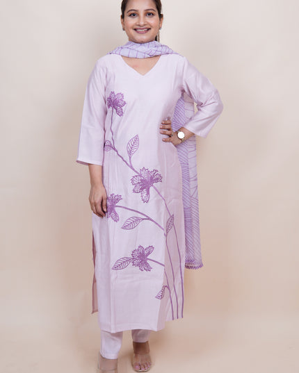 Lilac Cotton Embroidered 3 Piece Suit