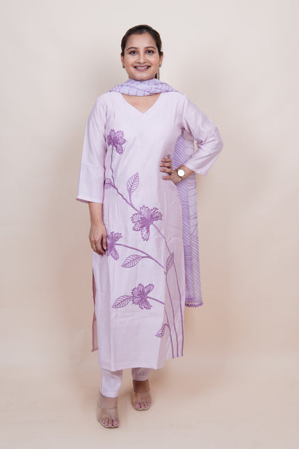 Lilac Cotton Embroidered 3 Piece Suit