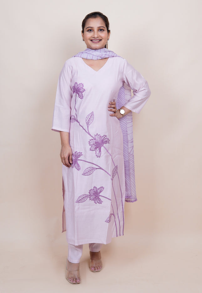 Lilac Cotton Embroidered 3 Piece Suit