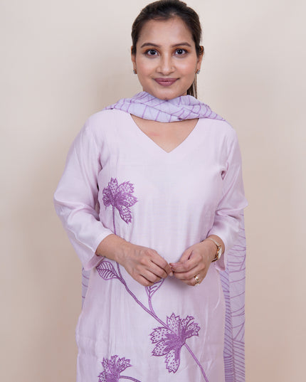 Lilac Cotton Embroidered 3 Piece Suit