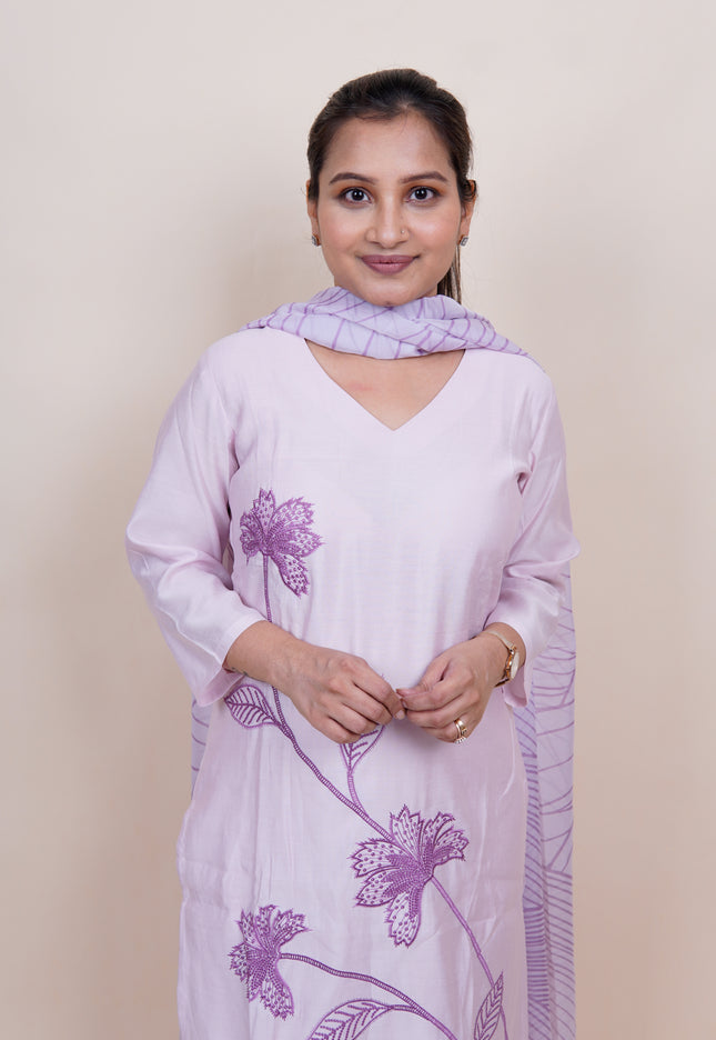 Lilac Cotton Embroidered 3 Piece Suit