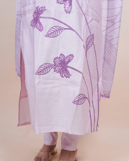 Lilac Cotton Embroidered 3 Piece Suit