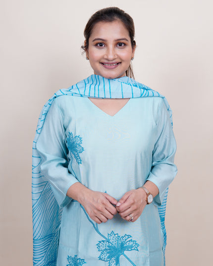 Blue Cotton Embroidered 3 Piece Suit