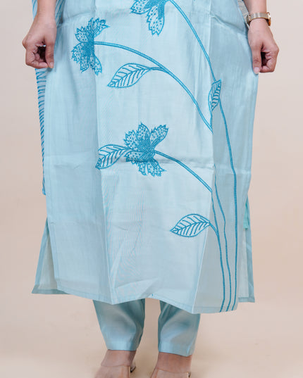 Blue Cotton Embroidered 3 Piece Suit