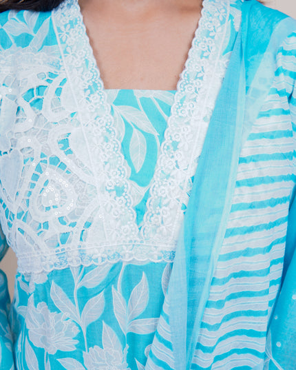 Sky Blue Floral Lace 3 Piece Cotton Suit