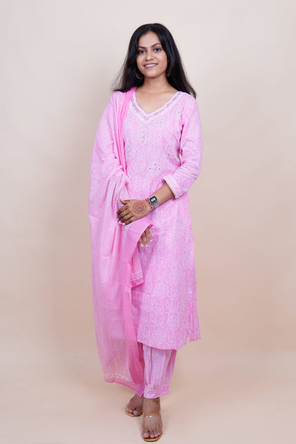 Pink Bandhani Cotton 3 Piece Suit