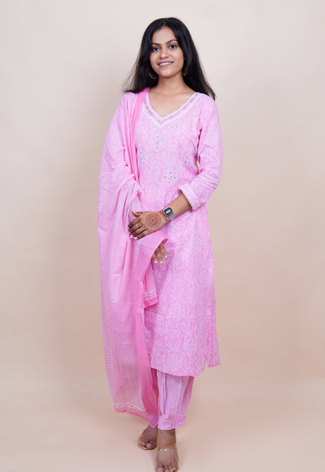 Pink Bandhani Cotton 3 Piece Suit