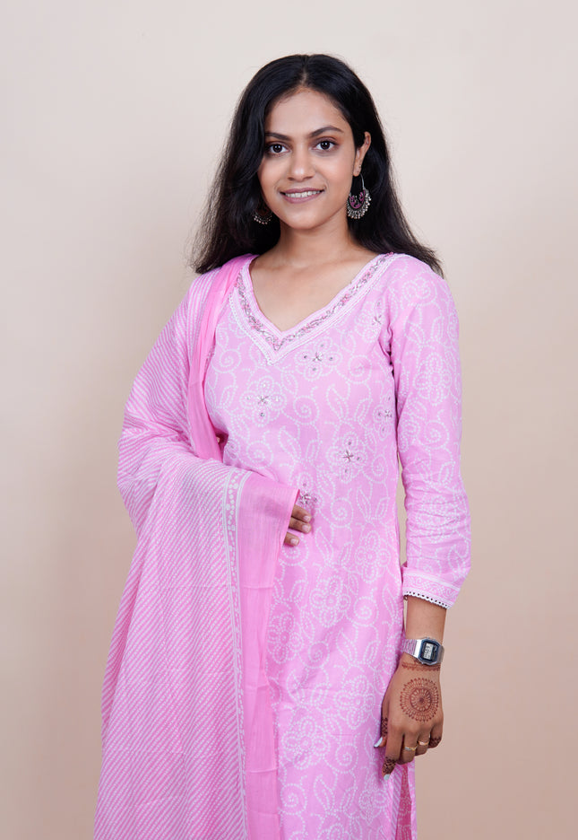 Pink Bandhani Cotton 3 Piece Suit