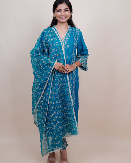 Sana Karachi Cadet Blue 3 Piece Suit