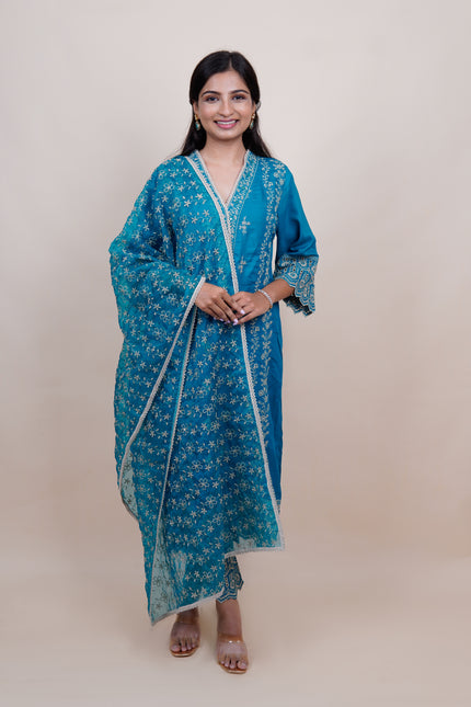 Sana Karachi Cadet Blue 3 Piece Suit