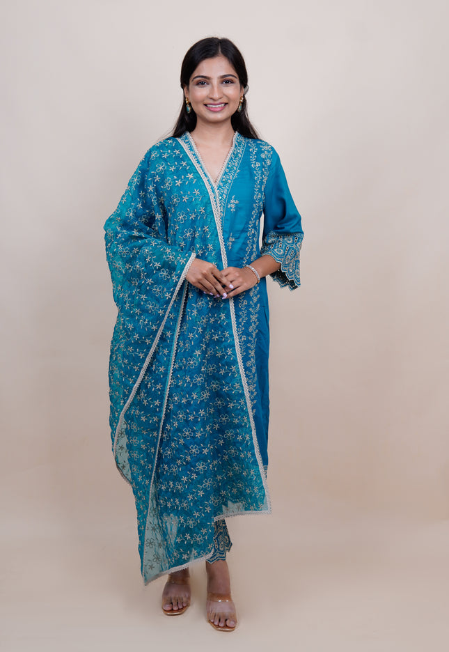 Sana Karachi Cadet Blue 3 Piece Suit