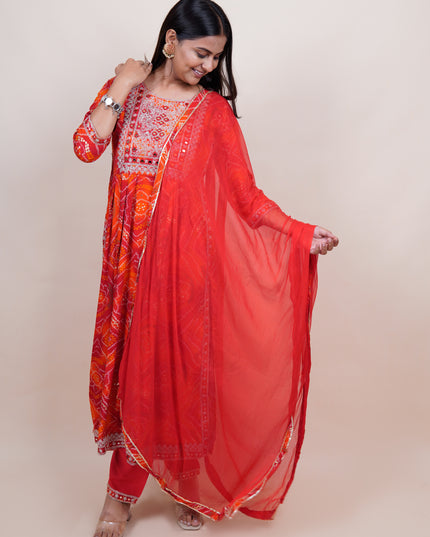 Orange Red Bandhani 3 Pice Suit