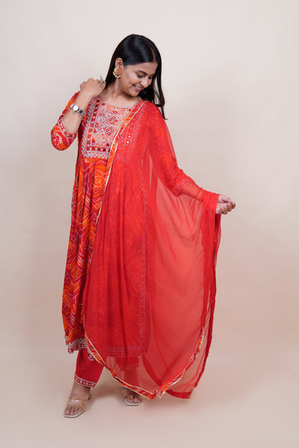 Orange Red Bandhani 3 Pice Suit