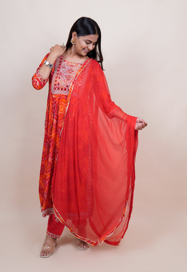 Orange Red Bandhani 3 Pice Suit