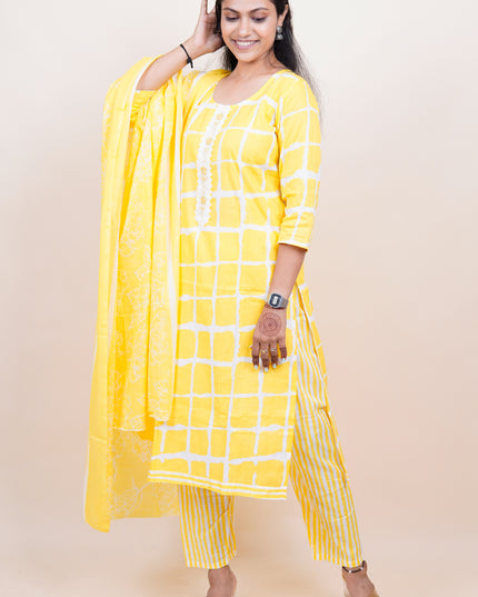 Yellow Checkered Cotton 3 Piece Suit