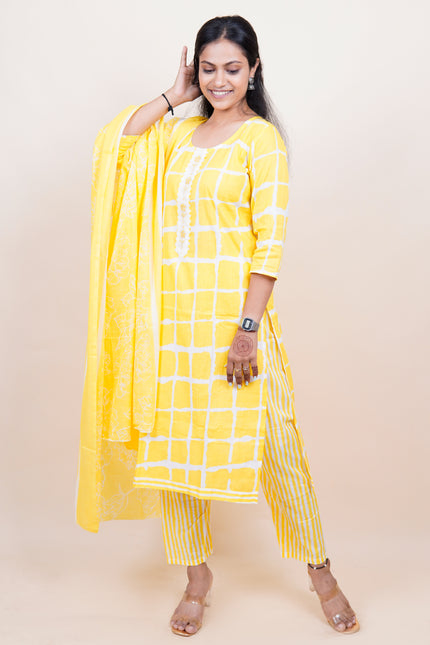 Yellow Checkered Cotton 3 Piece Suit