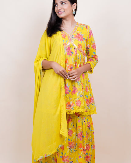 Mehendi Yellow Short Alia 3 Piece Set