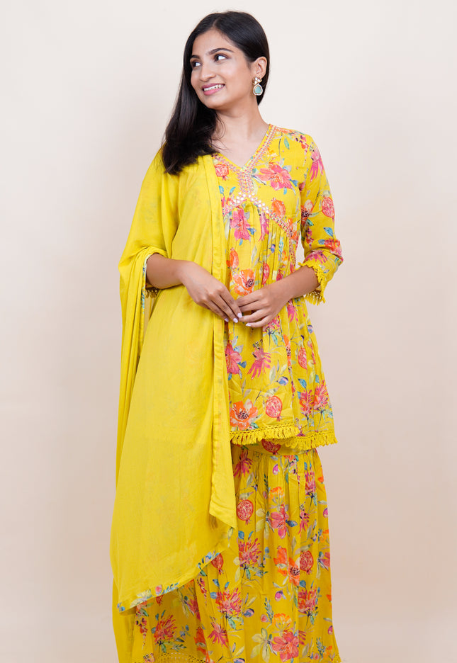 Mehendi Yellow Short Alia 3 Piece Set