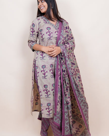 Grey Plum Handblock Print Cotton 3 Piece Suit