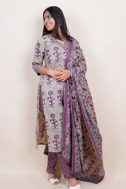 Grey Plum Handblock Print Cotton 3 Piece Suit