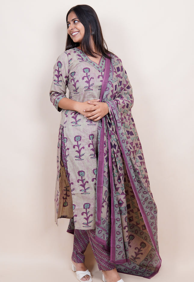 Grey Plum Handblock Print Cotton 3 Piece Suit