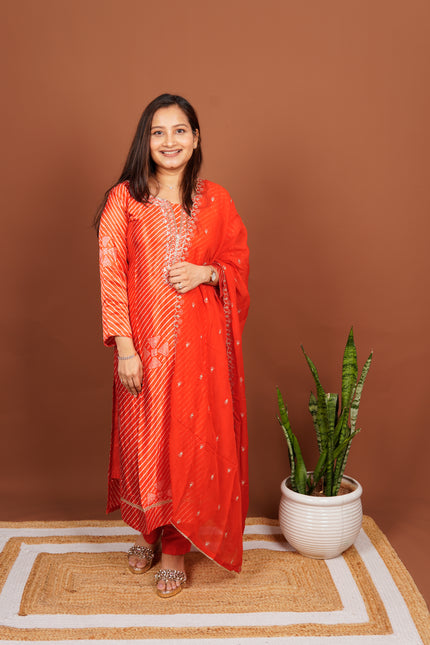 Red Satin Lehriya 3 Piece Set