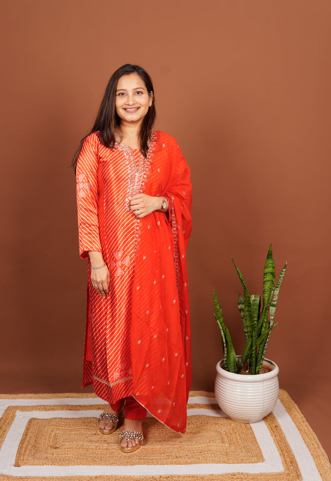 Red Satin Lehriya 3 Piece Set