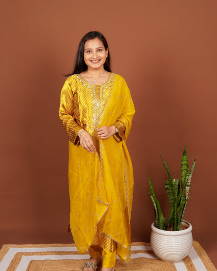 Mustard Satin Lehriya 3 Piece Set