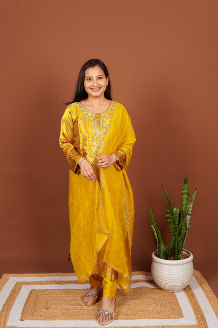 Mustard Satin Lehriya 3 Piece Set