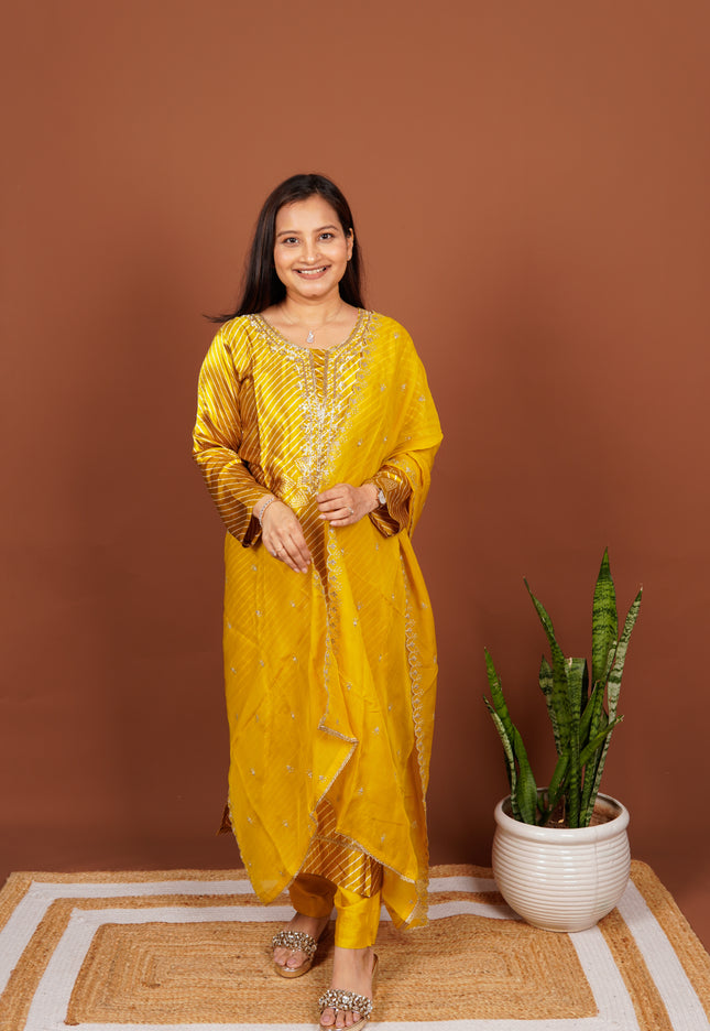 Mustard Satin Lehriya 3 Piece Set