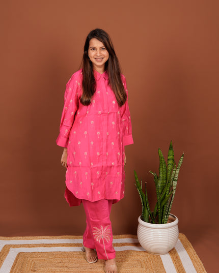 Coconut Tree Embroidered pink Co-ord Set