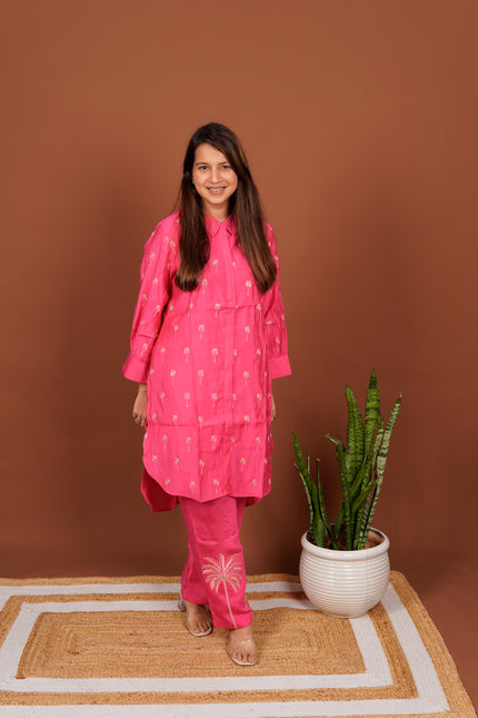 Coconut Tree Embroidered pink Co-ord Set