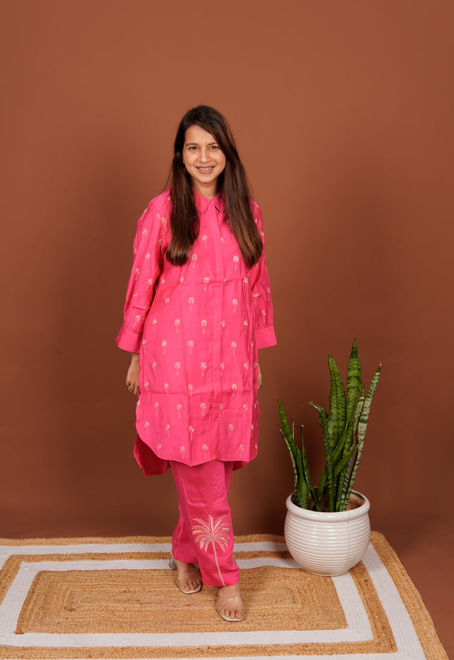 Coconut Tree Embroidered pink Co-ord Set