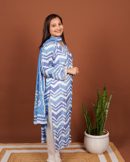 Blue Zigzag Lehriya 3 Piece Suit