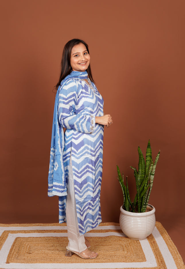 Blue Zigzag Lehriya 3 Piece Suit