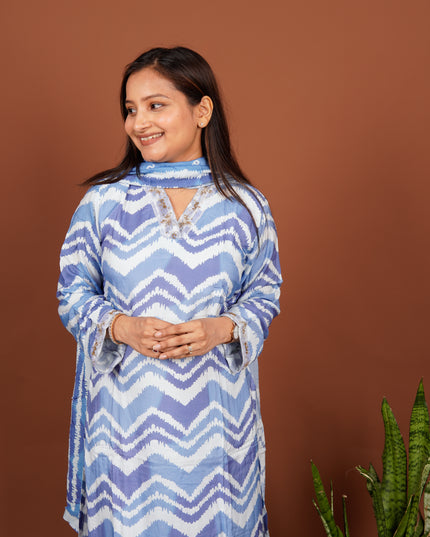 Blue Zigzag Lehriya 3 Piece Suit