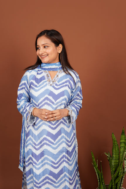 Blue Zigzag Lehriya 3 Piece Suit