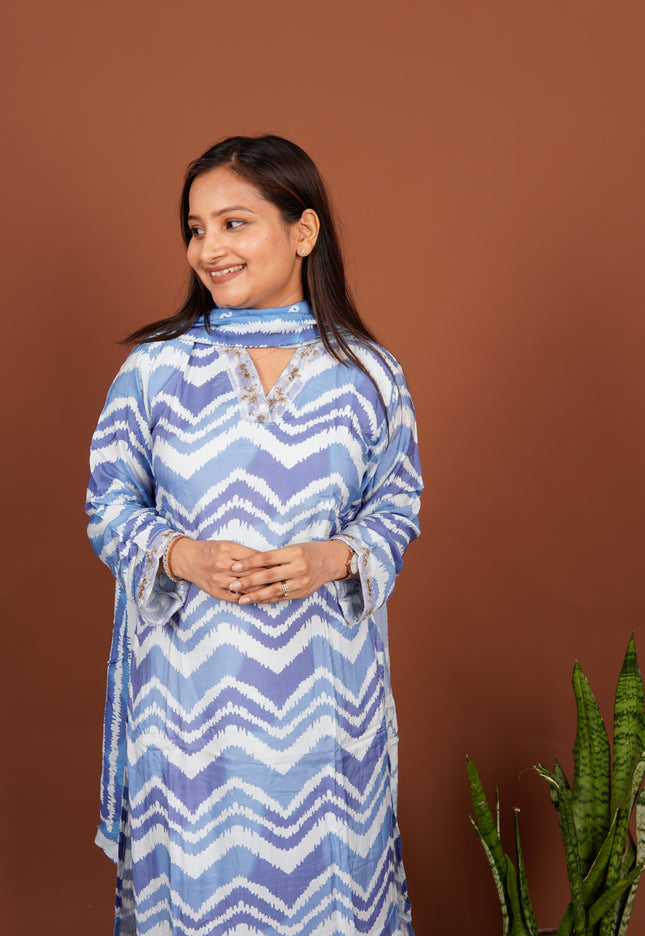 Blue Zigzag Lehriya 3 Piece Suit