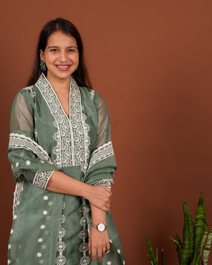 Hunter Green White Embroidered 3 Piece Suit