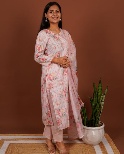 Baby Pink Floral Cotton Ensemble 3 Piece Suit