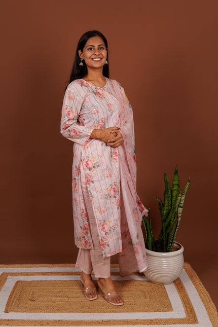 Baby Pink Floral Cotton Ensemble 3 Piece Suit