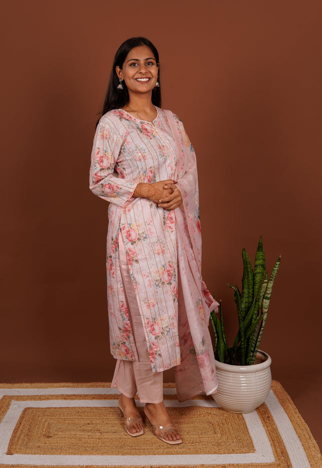 Baby Pink Floral Cotton Ensemble 3 Piece Suit